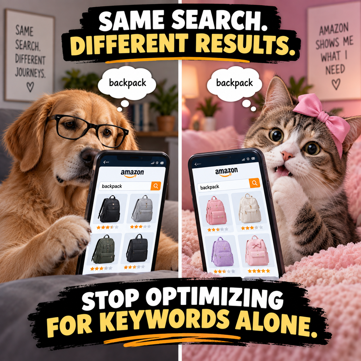 Same search, different results: a dog and a cat each type backpack on Amazon and see different products